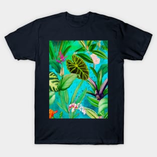 Stylish Tropical floral leaves and foliage botanical illustration, botanical pattern, tropical plants, aqua blue leaves pattern over a T-Shirt